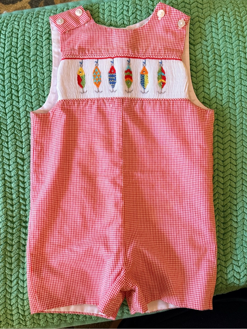 Adorable Smocked Fishing lures on red check shortall. sz 18 mo